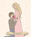 Man kissing pregnant belly of his wife. Cute illustration