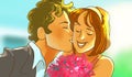 Man is kissing smiling girl with a bouquet