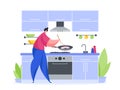 Man in kitchen preparing steak vector illustration cartoon. Male character holds frying pan and flips salmon chop.