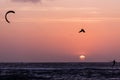 Man kitesurfer athlete jumping at sunset, silhouette at dusk. Kite surfer man doing board off kiteboarding trick orange