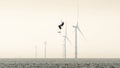 Man kitesurfing over a calm sea with wind turbines on the horizon under a bright cloudless sky Royalty Free Stock Photo