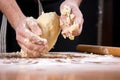 Man kneading dough on flour covered table