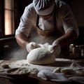 Man kneads dough for baking, close-up, making bread,