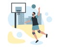 Man in knee pads plays basketball. Male character throws ball into basket