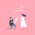 Man kneeling down and give flower to pretty woman. Couple in love concept. Royalty Free Stock Photo