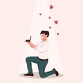 Man kneeling holding engagement ring proposing marry him happy valentines day concept guy in love marriage offer male