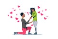 Man kneeling holding engagement ring proposing woman marry him happy valentines day concept african american couple in