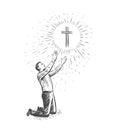 Man kneeling praying to God. Faith, prayer concept. Sketch vector illustration