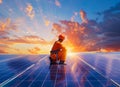 Man kneeling on solar panel at sunset, against electric blue sky Royalty Free Stock Photo