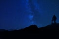 Man Kneeling To Pray Under Stars At Night Sky