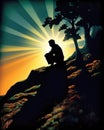 A man kneels on a hillside the suns fading rays casting a shadowy silhouette of his sorrowful figure. Psychology