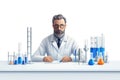 A man in a lab coat working at a table with test tubes. Ideal for science or laboratory concepts Royalty Free Stock Photo