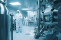 A man in a laboratory suit is standing in a sterile room