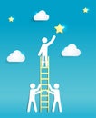 Man on a Ladder reaching for a Star. Support, Teamwork and Success Concep