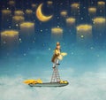 Man on a ladder reaching for stars Royalty Free Stock Photo