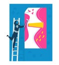 Man on ladder rolls paint on wall creating abstract art. Worker in casual clothes painting. Creativity and renovation