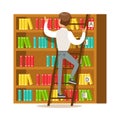 Man With Ladder Searching For A Book On Bookshelf, Smiling Person In The Library Vector Illustration Royalty Free Stock Photo