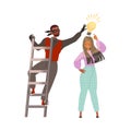 Man On Ladder Stealing Light Bulb From Woman Head As Smart Idea And Solution Vector Illustration