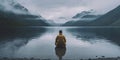 man lake yellow mountain cape relax hiking travel back water nature. Generative AI. Royalty Free Stock Photo