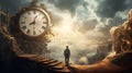 Man in the land of clocks, time is running out, fantasy world Royalty Free Stock Photo