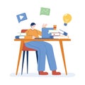 Man with laptop and books on desk vector design