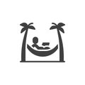 Man with laptop in hammock under palm trees vector icon Royalty Free Stock Photo