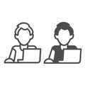 Man on laptop with mouse, freelancer, programmer line and solid icon, work concept, employee vector sign on white