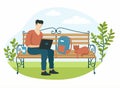 Man with laptop on park bench. Male character running outdoors with cup of coffee on green lawn