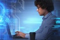 Man and laptop, programming icons and binary
