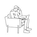Man with laptop. Side view. Monochrome vector illustration of man sitting in a comfortable armchair, communicating
