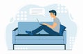 A man with a laptop sits on the sofa. Freelancer listens to music. Remote work at home. Chatting with friends and employees online