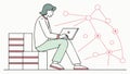 Man with Laptop Sitting on Books with Network Lines. Data vector design Generative AI Royalty Free Stock Photo