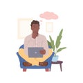 Man with laptop sitting in chair, dream and think