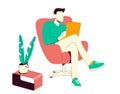 Man with laptop sitting on the chair. Freelance or studying concept. Working on laptop. Cute illustration in cartoon Royalty Free Stock Photo