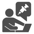 Man at laptop and syringe solid icon, injections concept, Health care online consultation sign on white background Royalty Free Stock Photo