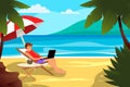 Man young hipster with laptop on tropical beach Royalty Free Stock Photo