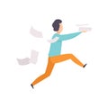 Man is late for work or at meeting, running with falling papers, busy and late businessman vector Illustration on a Royalty Free Stock Photo