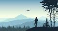 Man launches a drone. Videographer takes a landscape and nature. Forest, trees, mountains. Silhouette vector illustration Royalty Free Stock Photo