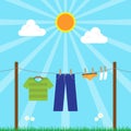 Man Laundry hanging on Clothesline on Sunny Day Vector Royalty Free Stock Photo