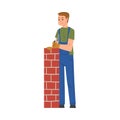 Man Laying Bricks, Male Construction Worker Character Building Wall Vector Illustration on White Background