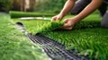 A man is laying down a piece of artificial grass