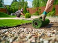 Man laying sod for new garden lawn