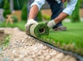 Man laying sod for new garden lawn