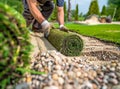 Man laying sod for new garden lawn