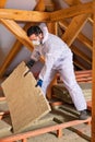 Man laying thermal insulation layer Royalty Free Stock Photo