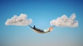 Man lays down between two clouds