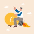 Man leader riding flying bright lightbulb lamp with rocket booster in the cloud sky. Creative new idea, innovation start up Royalty Free Stock Photo