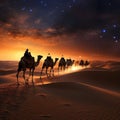 A man leading a herd of camels through the desert at sunset stars in the sky. Ramadan as a time of fasting and prayer for Muslims Royalty Free Stock Photo