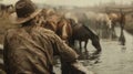 A man leans against a wooden fence facing away from the camera as watches a group of horses drink from the watering hole