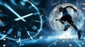 Man leaps in space with moon background clock face merges with cosmic scene, suggesting time travel.